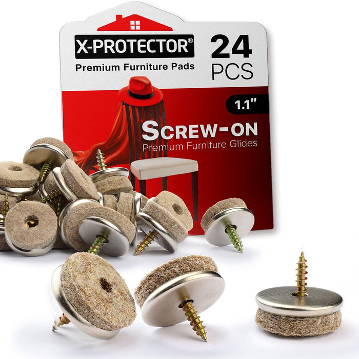 Screw-On Felt Pads by X-Protector 24 pcs - Felt Furniture Pads – 1.1” - Protect Your Hardwood Floors!